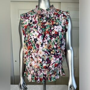 J.CREW Red Floral Print Ruffle Neck Top Women Size 12 Sleeveless